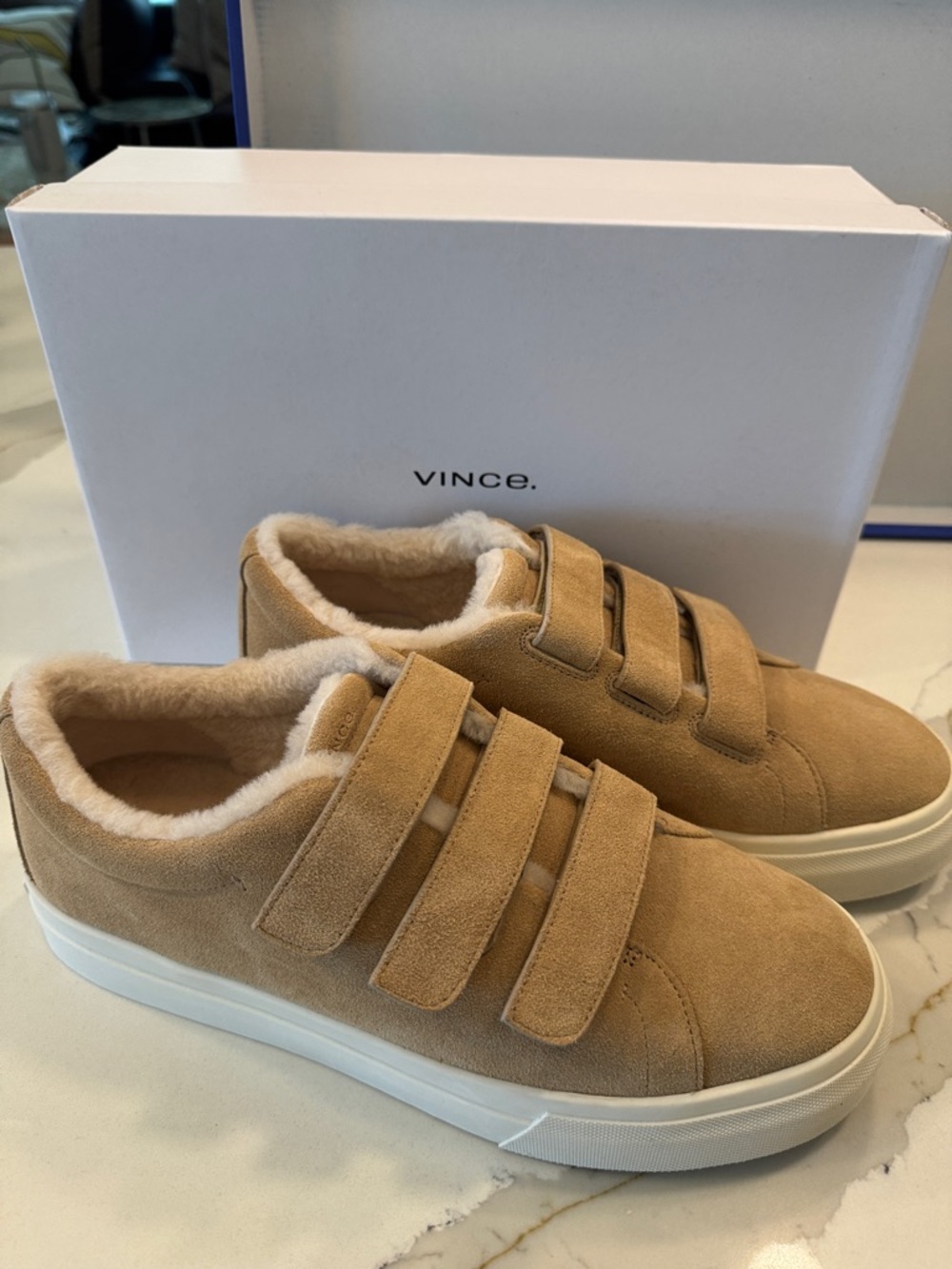 Vince Tan Suede Shearling-Lined Velcro Strap Sneakers 10